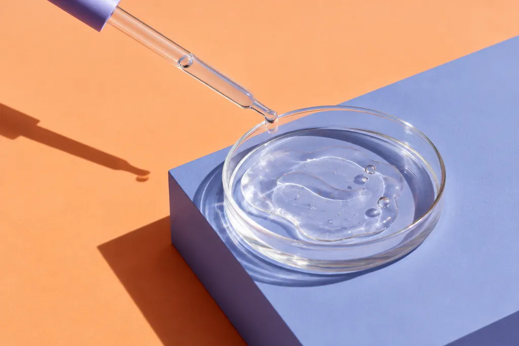 Pipeta de laboratorio sobre una placa con gel transparente