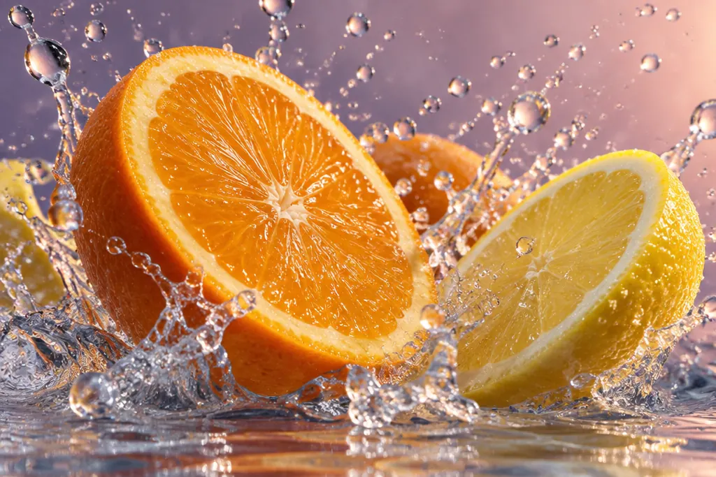 Rodajas de naranja y limón cayendo al agua