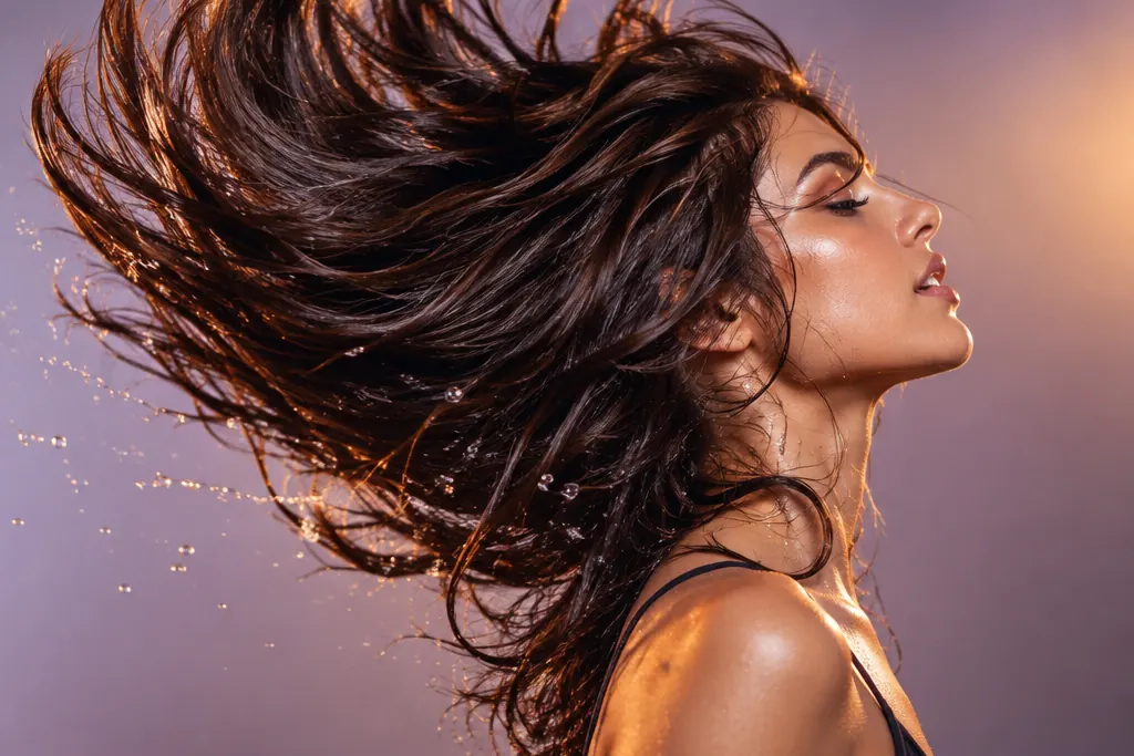 Cabello abundante en movimiento con gotas de agua