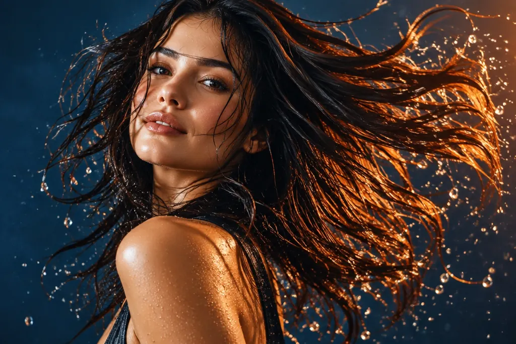 Cabello abundante en movimiento con gotas de agua