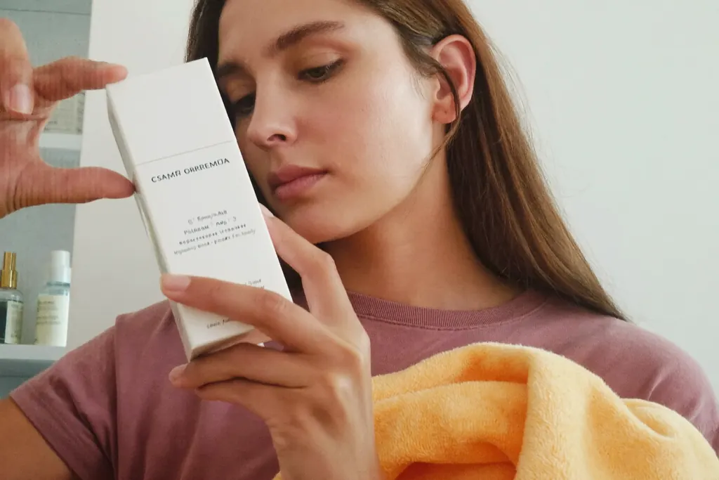 Mujer leyendo con curiosidad la caja de un sérum en la farmacia