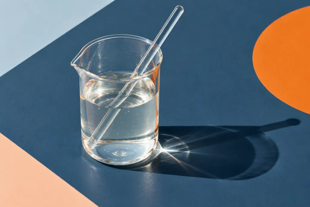 Vaso de laboratorio con sérum y varilla de vidrio