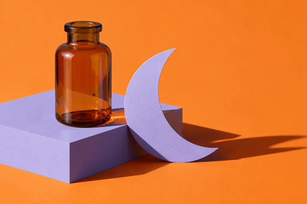 Frasco ámbar junto a una media luna de papel, para la rutina de noche
