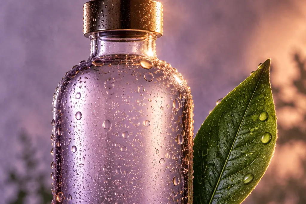 Frasco de vidrio con gotas de rocío junto a una hoja verde