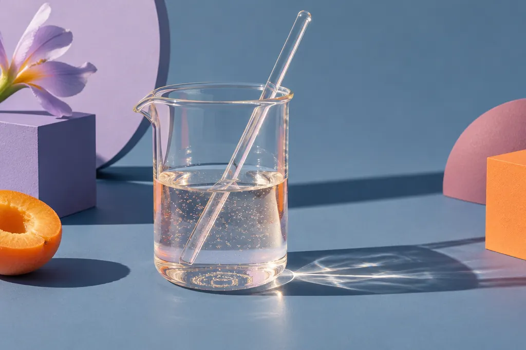 Vaso de laboratorio con sérum y varilla de vidrio