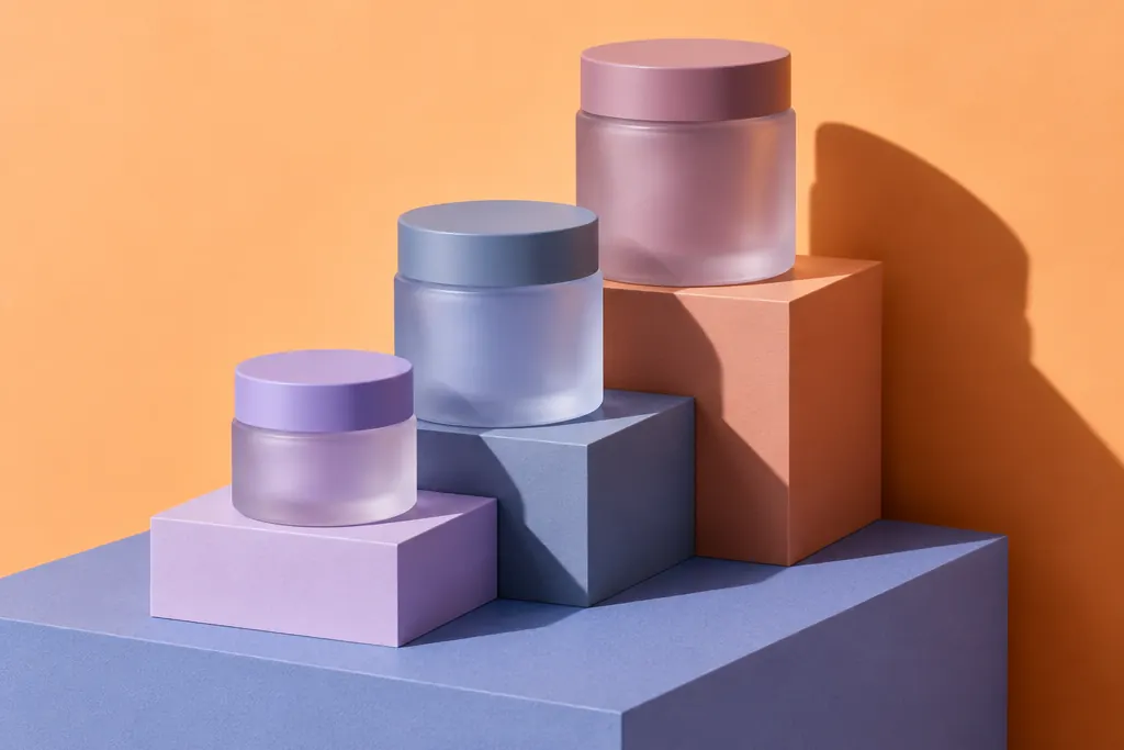 Tres frascos de vidrio escalonados sobre bloques de color