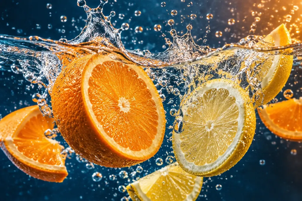Rodajas de naranja y limón cayendo al agua