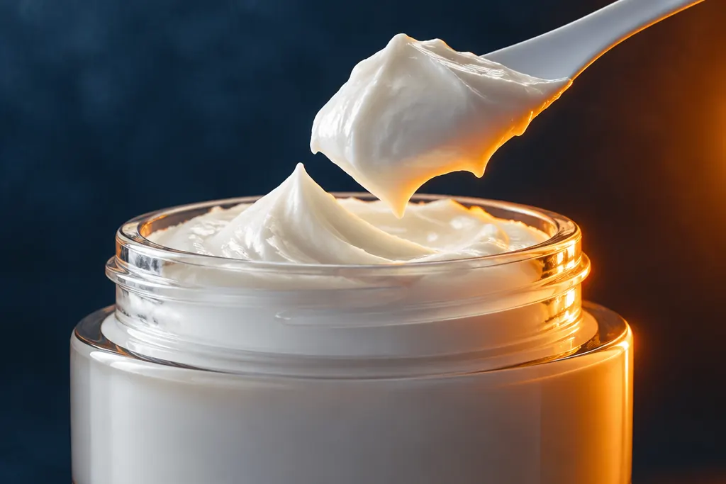 Una porción de crema rica en la yema del dedo