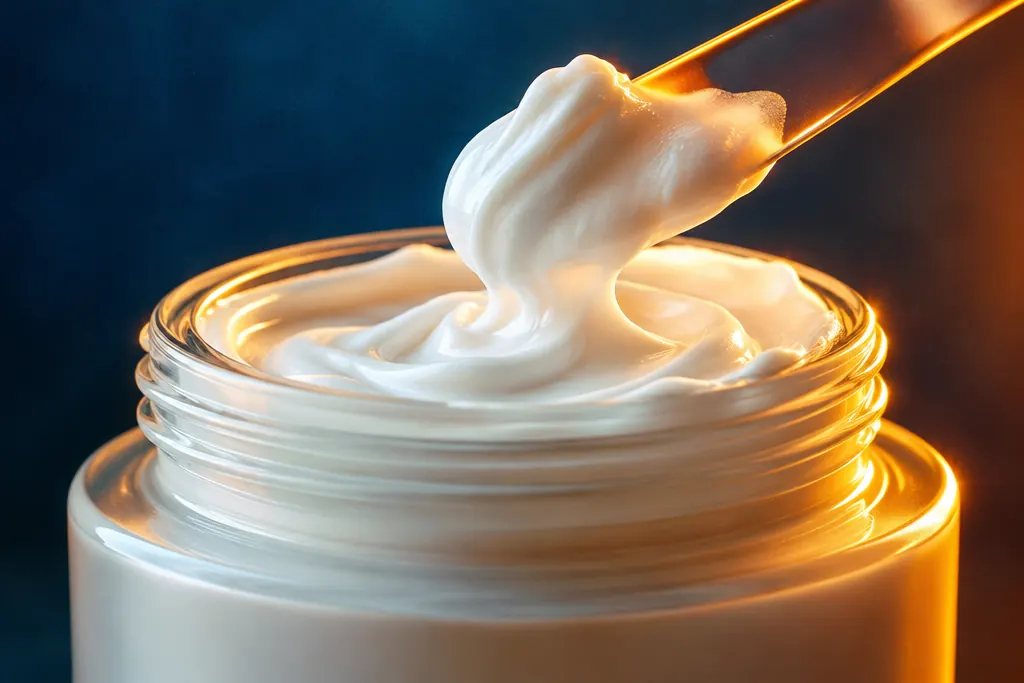 Frasco abierto de crema rica con una espátula