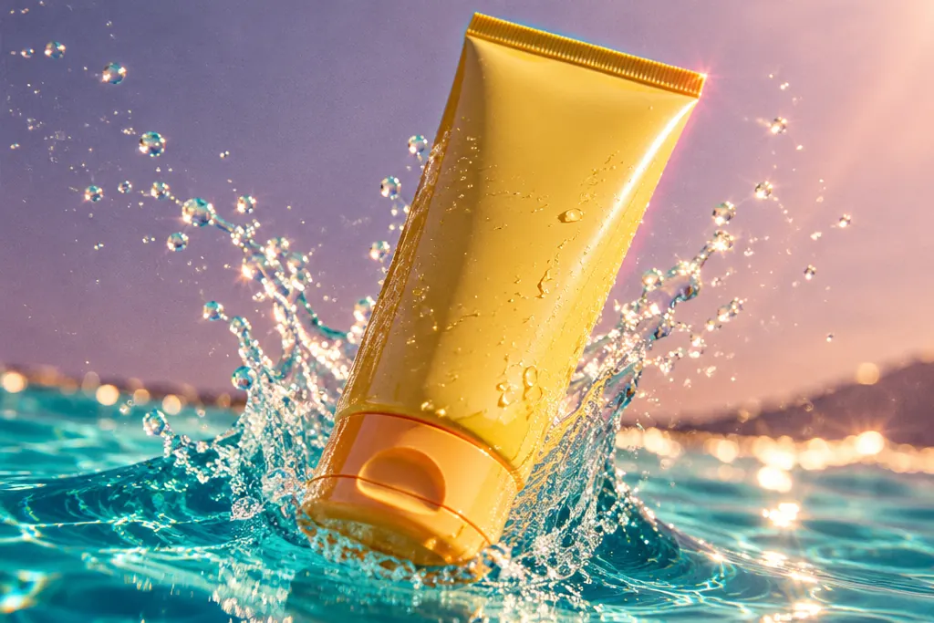 Protector solar cayendo al agua de una piscina