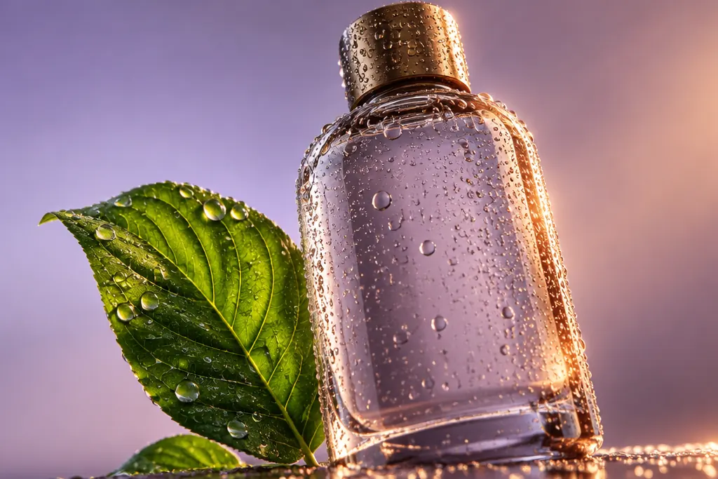 Frasco de vidrio con gotas de rocío junto a una hoja verde