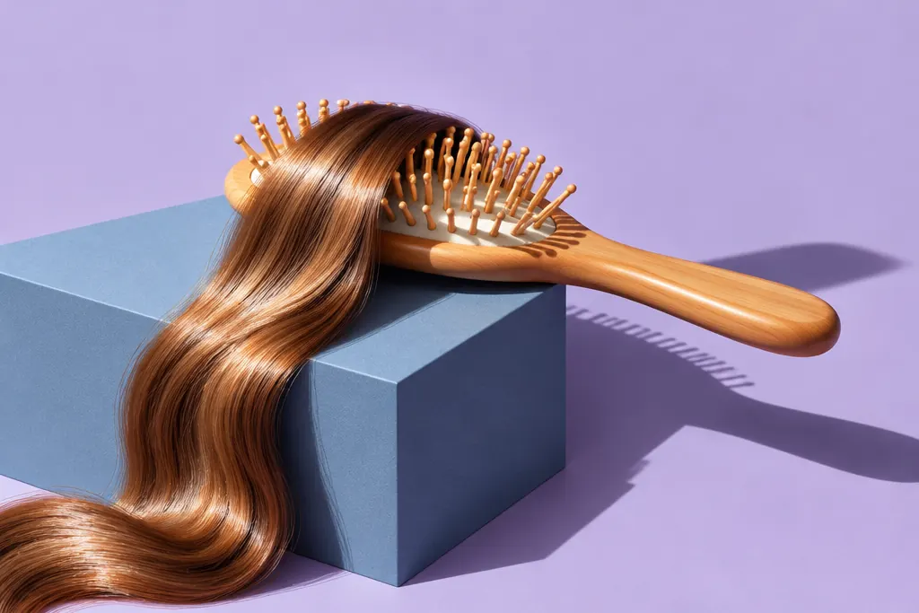 Cepillo de madera y un mechón de cabello brillante