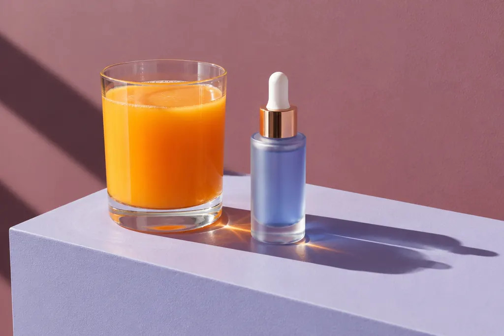 Jugo de naranja y frasco de sérum bajo sol directo
