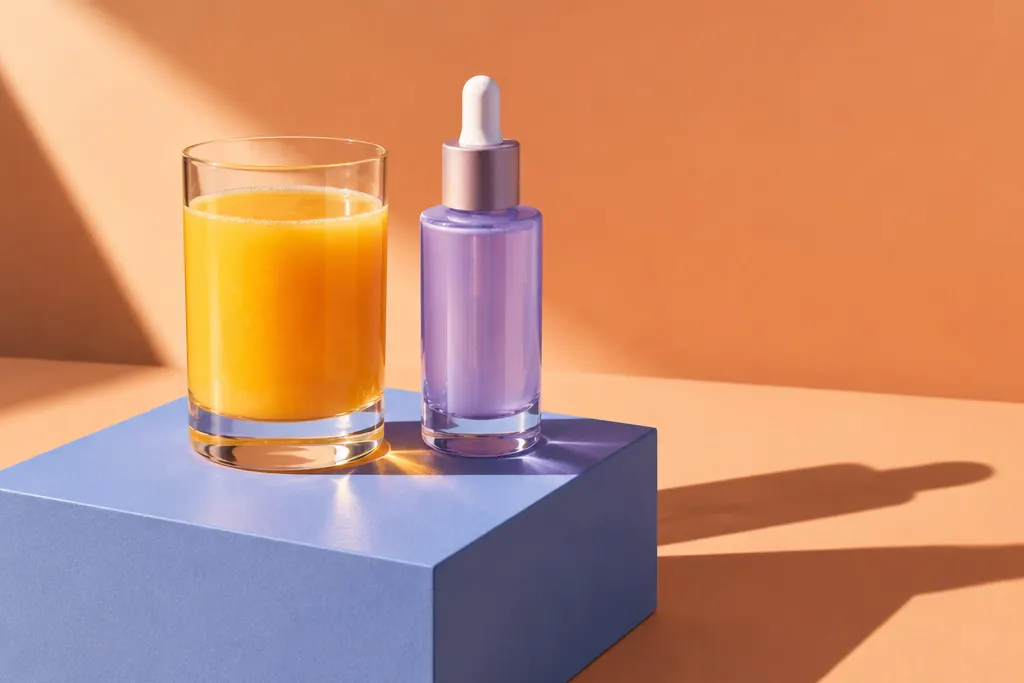 Jugo de naranja y frasco de sérum bajo sol directo
