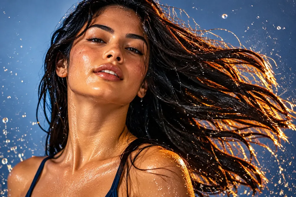Cabello abundante en movimiento con gotas de agua