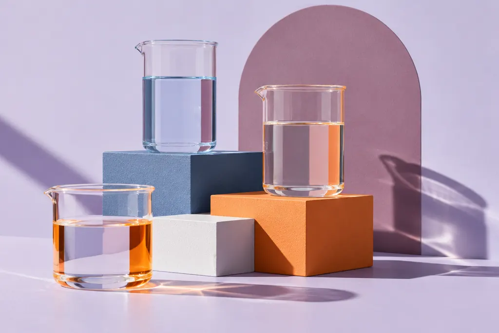Tres vasos de laboratorio sobre bloques de color