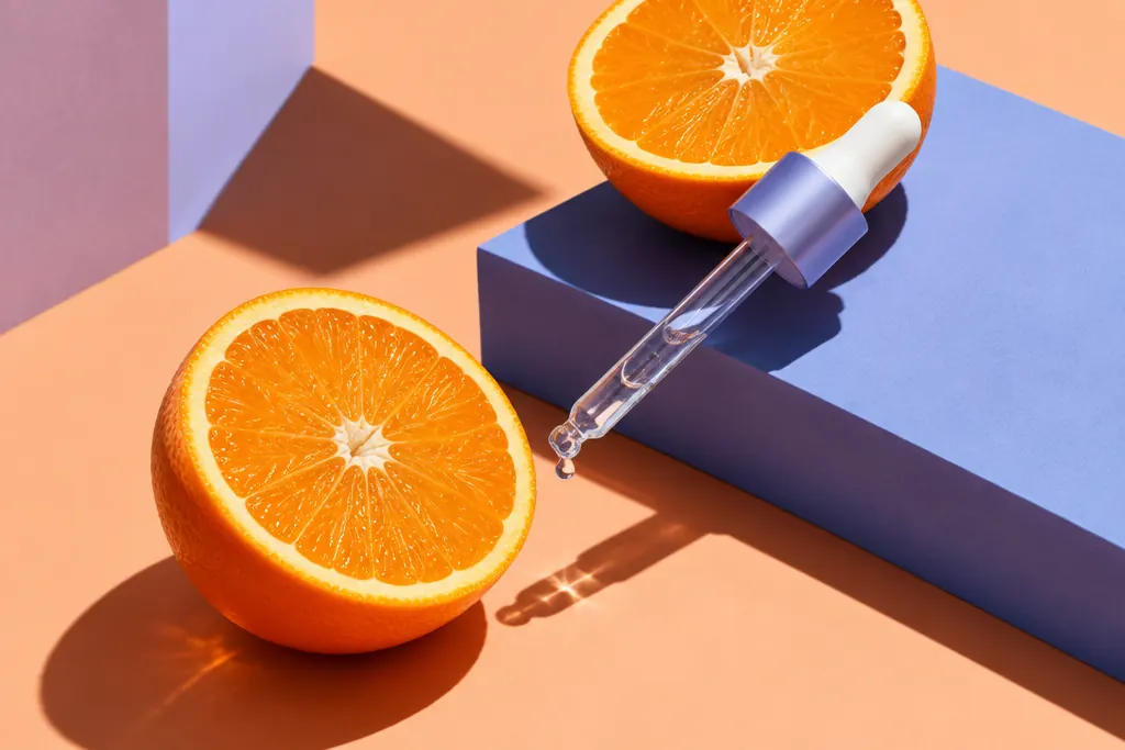 Mitades de naranja junto a un gotero de sérum