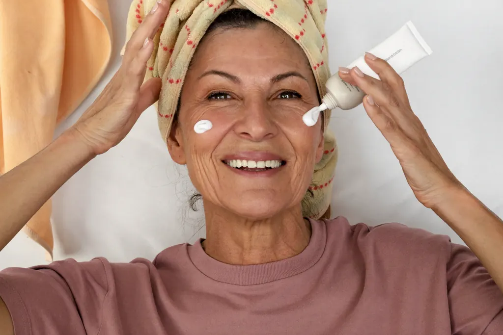 Mujer de cincuenta años, radiante, aplicándose crema facial