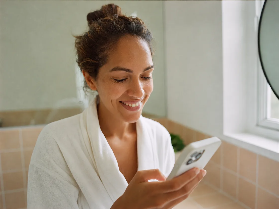 Mujer en bata sonriendo mientras escribe en su celular en el baño