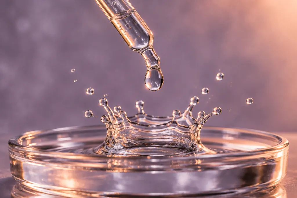 Gota de sérum cayendo de una pipeta, salpicadura congelada