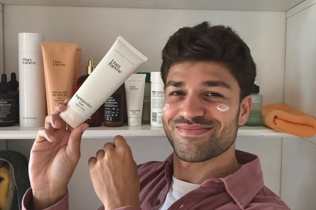 Hombre organizando sus productos de cuidado en el lavamanos