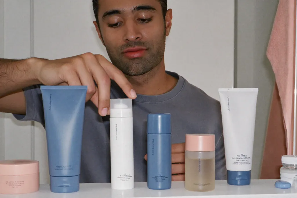 Hombre organizando sus productos de cuidado en el lavamanos