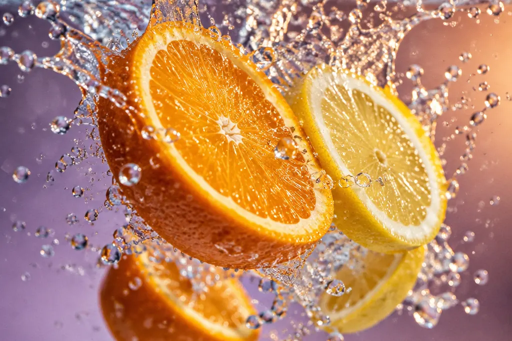 Rodajas de naranja y limón cayendo al agua